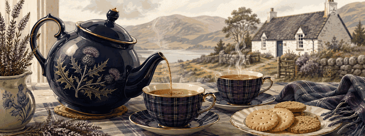 Animated Scottish kettle pouring tea into cups with steam and biscuits