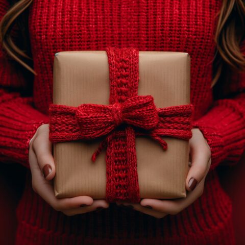 58789188 a woman in a red tartan scarf holds a woolen gift with a magenta bow