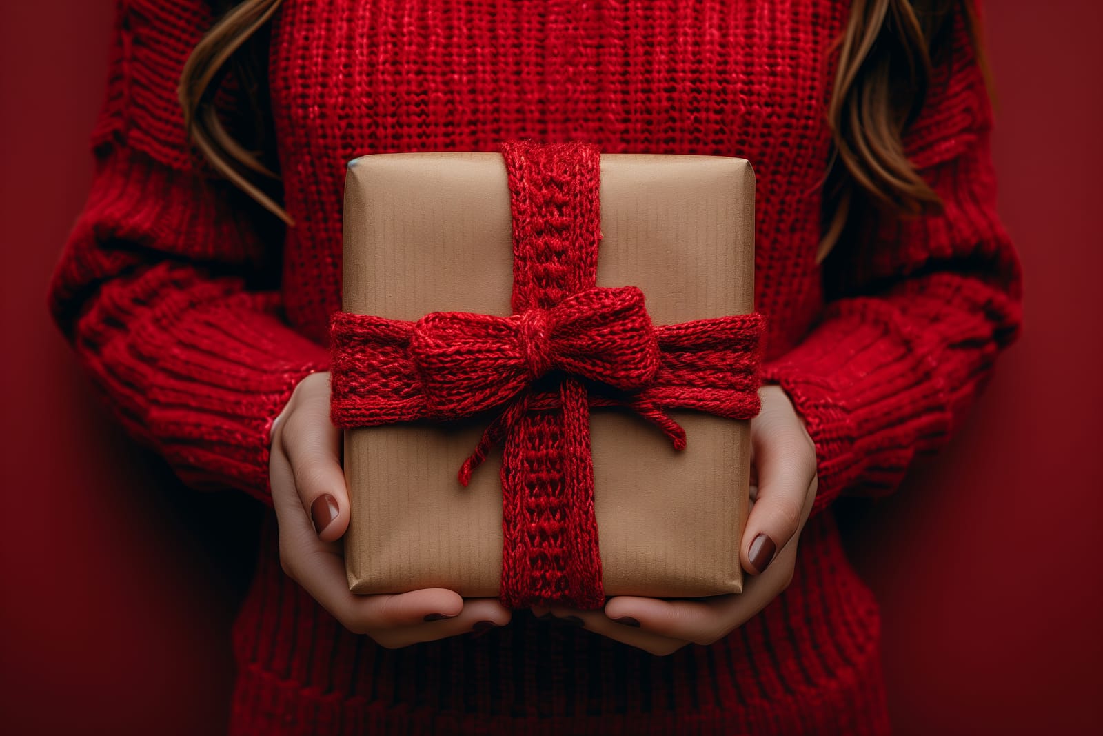 58789188 a woman in a red tartan scarf holds a woolen gift with a magenta bow