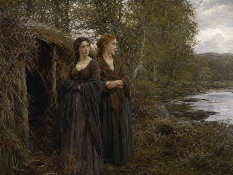 An artistic reconstruction of Bessie Bell and Mary Gray standing beside the simple woodland bower associated with their story, near a river in seventeenth century Perthshire during