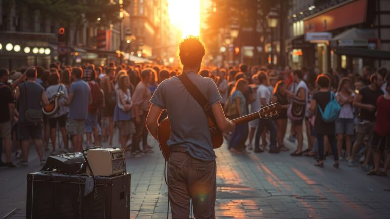 91443384 a street musician playing guitar captivating passersby as the sun sets