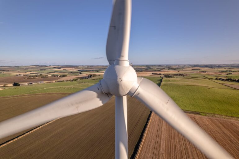51492734 turbine on a wind farm seen up close used for green renewable energy