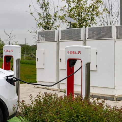 53225208 tesla electric vehicle charging station on motorway in uk