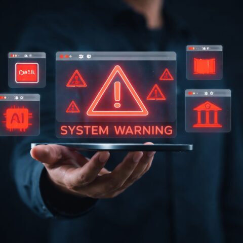101578370 ai generated person holding digital system warning interface with red alert symbols showing critical ai risk data security monitoring and infrastructure protection