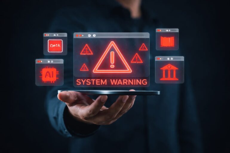 101578370 ai generated person holding digital system warning interface with red alert symbols showing critical ai risk data security monitoring and infrastructure protection