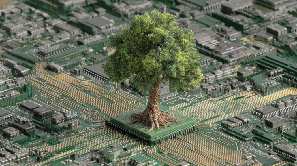 101917084 tree anchored at data crossroads on motherboard topdown perspective revealing intersecting traces like city streets sense of strategic network hub where nature meets