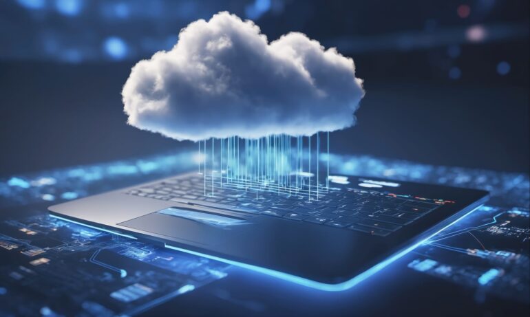 61624888 a white cloud hovers over a laptop symbolizing the concept of cloud computing