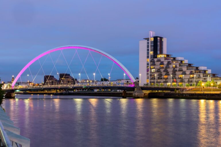 Clyde Arc Bridge along River Clyde Sunset twilight at Glasgow city Scotland UK.