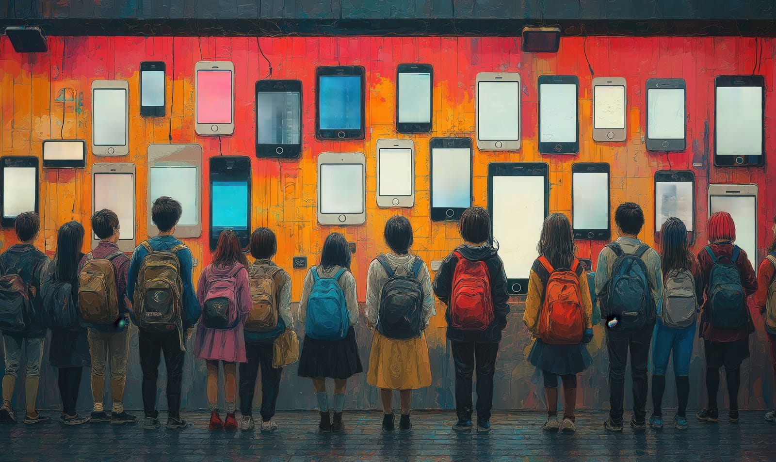 95677512 a group of children in front of a wall with smartphones symbolizing technological addiction