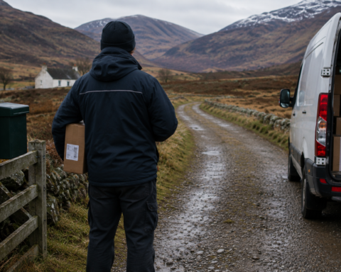 Delivery person on rural road.