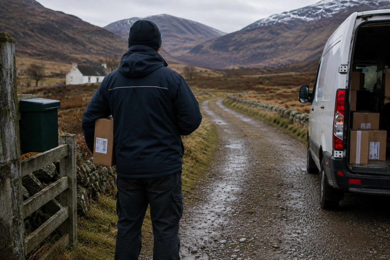 Delivery person on rural road.