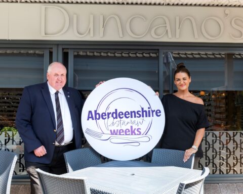 Cllr Alan Turner with Lynne Duncan, owner of Duncano's in Westhill, at the launch of this year's Aberdeenshire Restaurant Weeks