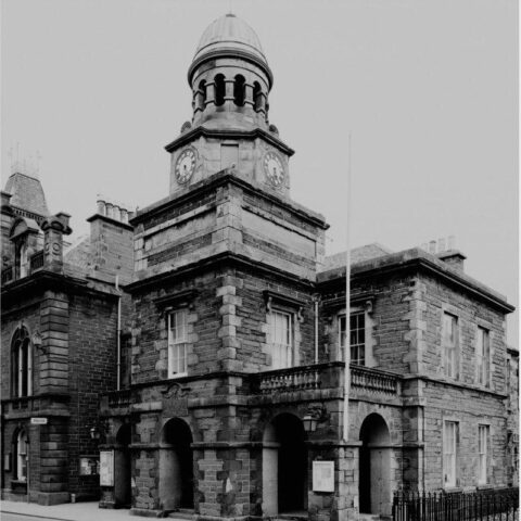 Wick — Royal Bank of Scotland, 1 Bridge Street The former Royal Bank of Scotland at 1 Bridge Street, Wick, a monumental stone banking building whose clock tower still dominates the