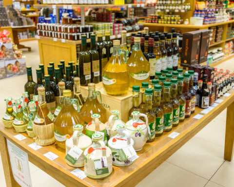 22852068 olive oil bottles at jenners department store in edinburgh scotland