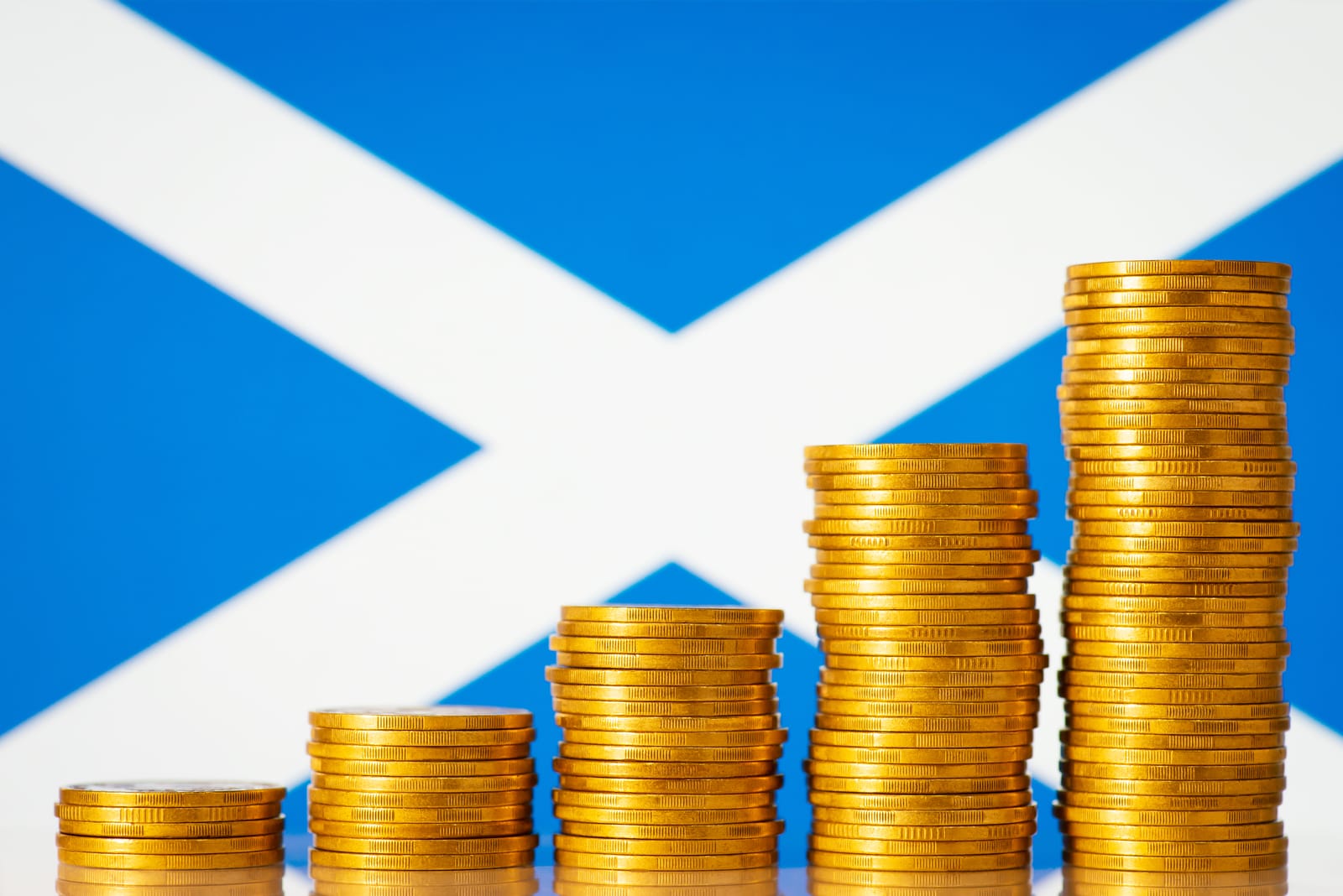 57629656 five stacks of gold coins against flag of scotland forming rising chart