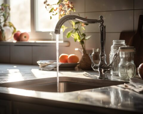 58866980 fresh morning scene with water flowing from a kitchen faucet
