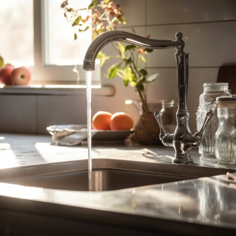 58866980 fresh morning scene with water flowing from a kitchen faucet