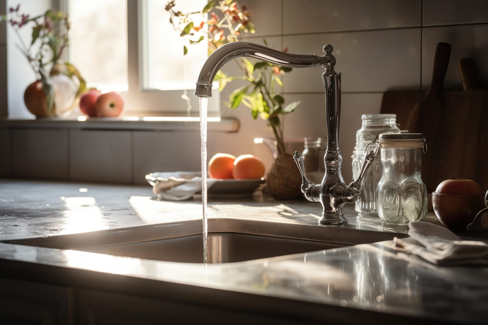 58866980 fresh morning scene with water flowing from a kitchen faucet