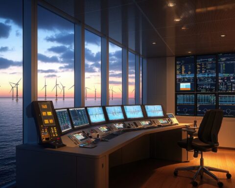 95390582 a modern control room features screens displaying data monitoring an offshore wind farm at sunset