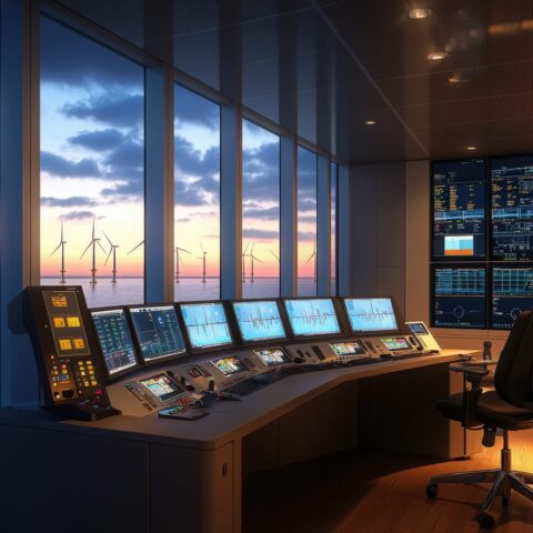 95390582 a modern control room features screens displaying data monitoring an offshore wind farm at sunset