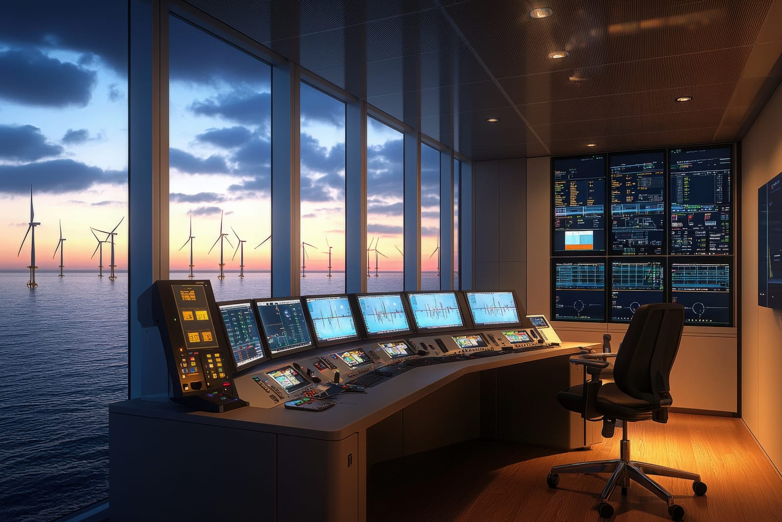 95390582 a modern control room features screens displaying data monitoring an offshore wind farm at sunset