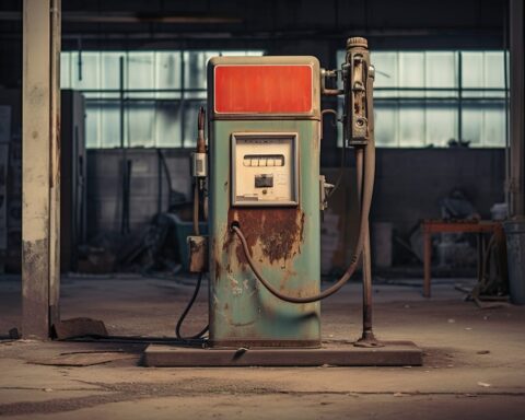 57073056 abandoned gas station with a rusty gasoline pump post apocalyptic cityscape absence of people and carsenergy crisis