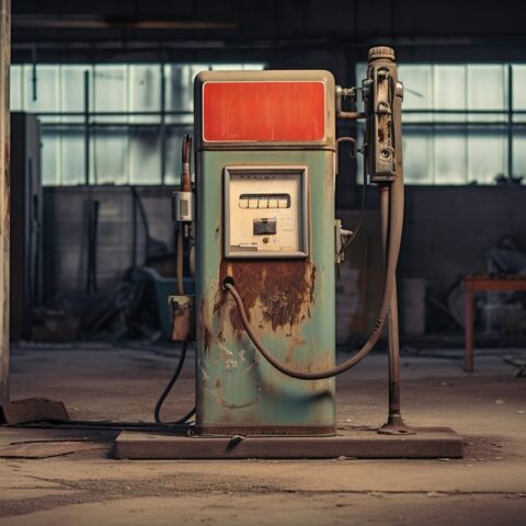 57073056 abandoned gas station with a rusty gasoline pump post apocalyptic cityscape absence of people and carsenergy crisis