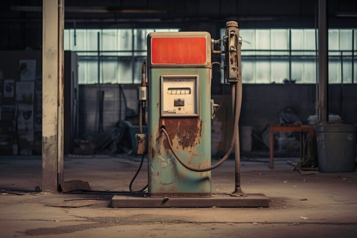 57073056 abandoned gas station with a rusty gasoline pump post apocalyptic cityscape absence of people and carsenergy crisis