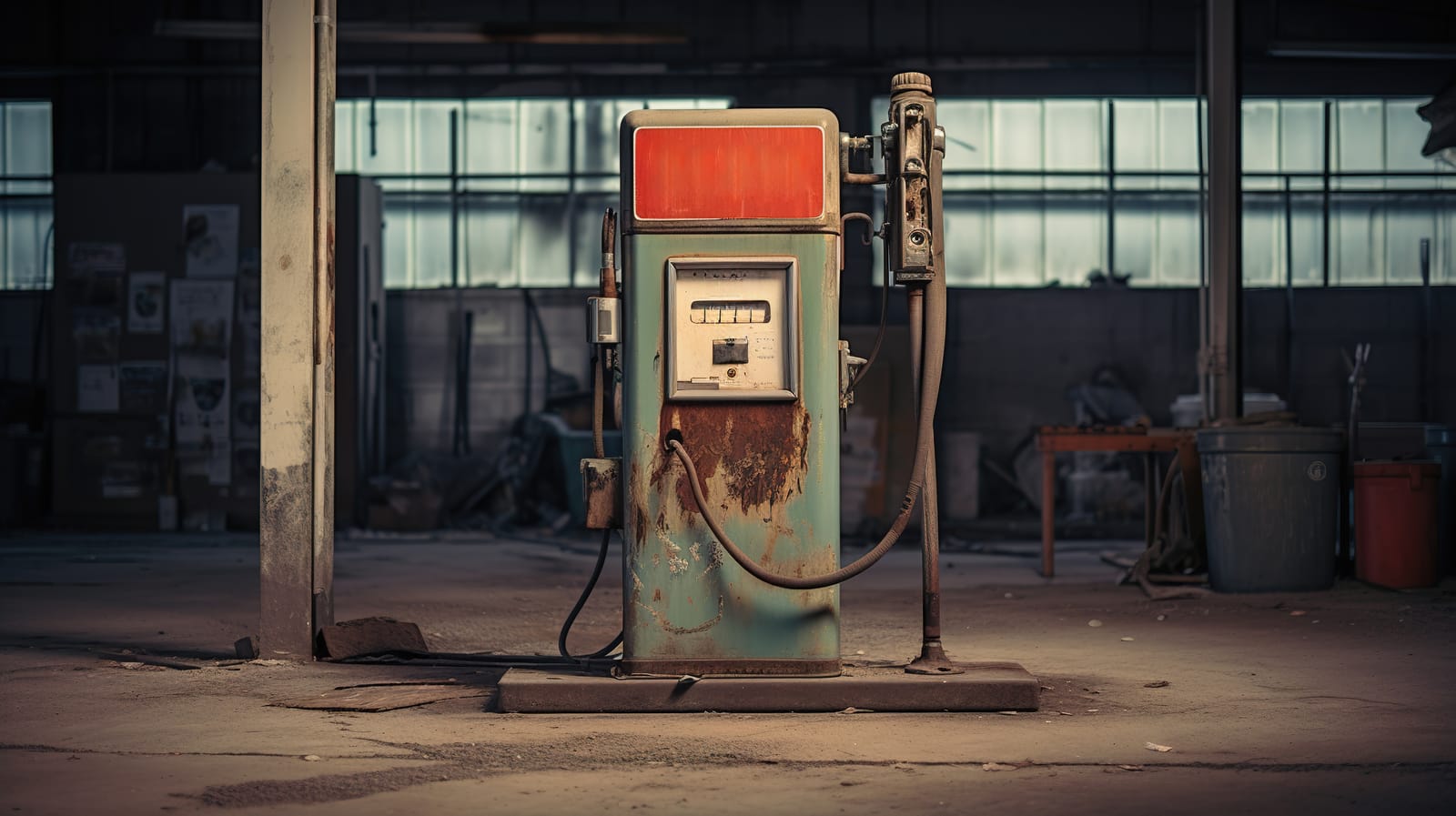 57073056 abandoned gas station with a rusty gasoline pump post apocalyptic cityscape absence of people and carsenergy crisis