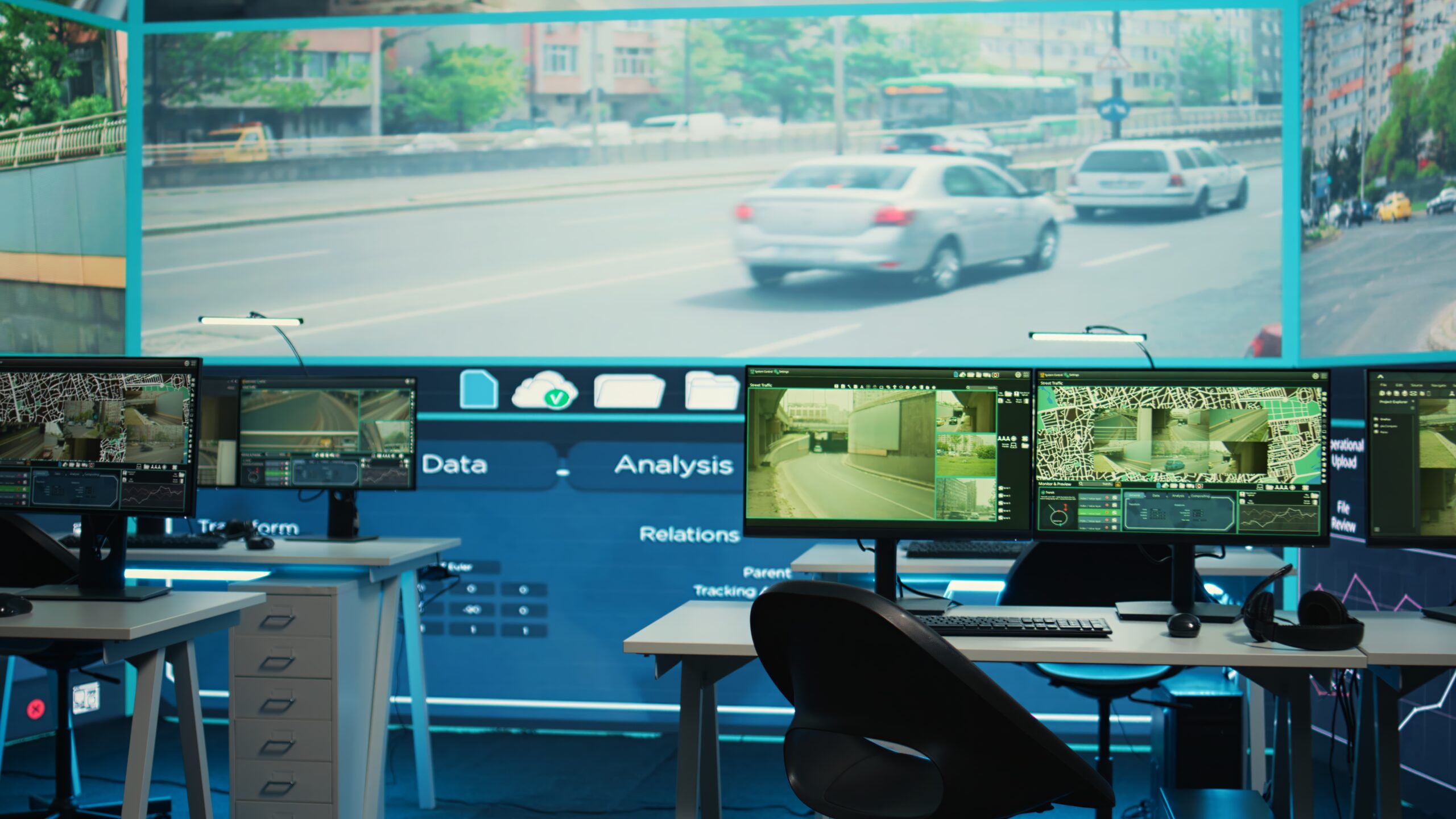 General defense offices with satellite based CCTV network uses real time surveillance images to monitor highway traffic. Administrative transmission and reconnaissance services in
