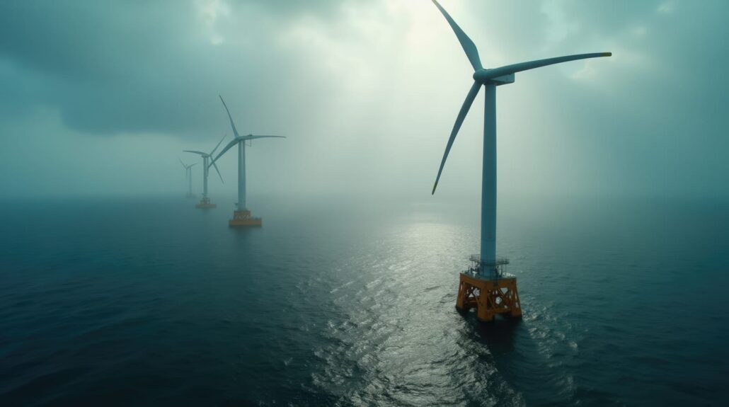 65051466 offshore wind turbines stand tall above the water harnessing wind energy on a cloudy day the fog creates a mystical atmosphere around the structures showcasing renewable