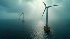 65051466 offshore wind turbines stand tall above the water harnessing wind energy on a cloudy day the fog creates a mystical atmosphere around the structures showcasing renewable