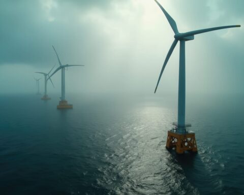 65051466 offshore wind turbines stand tall above the water harnessing wind energy on a cloudy day the fog creates a mystical atmosphere around the structures showcasing renewable