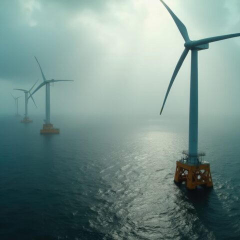 65051466 offshore wind turbines stand tall above the water harnessing wind energy on a cloudy day the fog creates a mystical atmosphere around the structures showcasing renewable