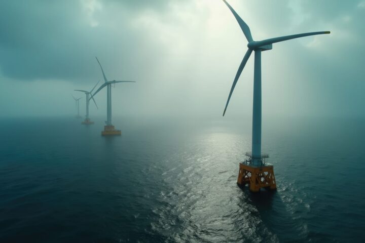65051466 offshore wind turbines stand tall above the water harnessing wind energy on a cloudy day the fog creates a mystical atmosphere around the structures showcasing renewable
