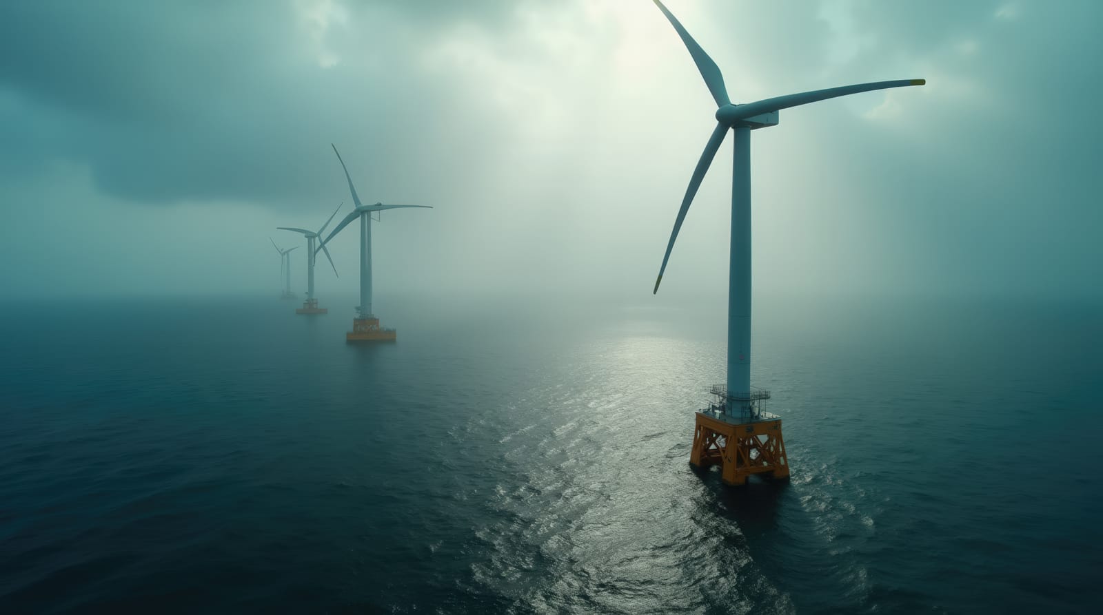 65051466 offshore wind turbines stand tall above the water harnessing wind energy on a cloudy day the fog creates a mystical atmosphere around the structures showcasing renewable