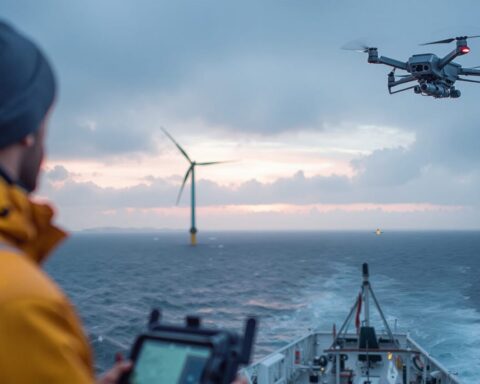 98979286 drone surveying offshore wind turbine from boat during overcast evening conditions in bloom region