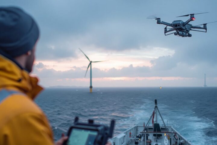 98979286 drone surveying offshore wind turbine from boat during overcast evening conditions in bloom region