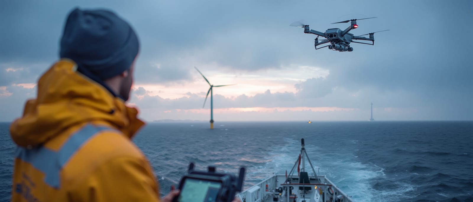 98979286 drone surveying offshore wind turbine from boat during overcast evening conditions in bloom region