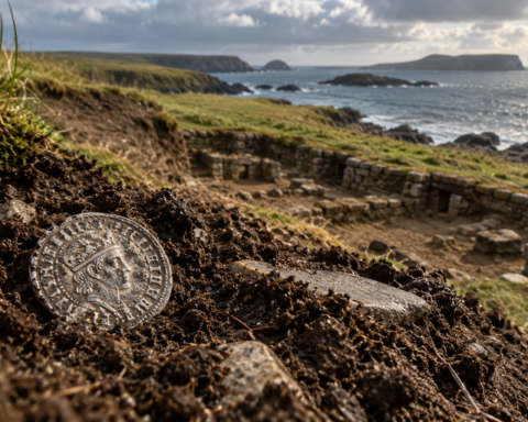 Artist’s interpretation of an Anglo Saxon silver coin discovered at an eroding coastal archaeological site in Shetland. No public image of the newly found Gletness coin has yet