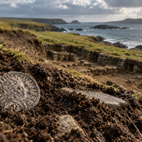 Artist’s interpretation of an Anglo Saxon silver coin discovered at an eroding coastal archaeological site in Shetland. No public image of the newly found Gletness coin has yet