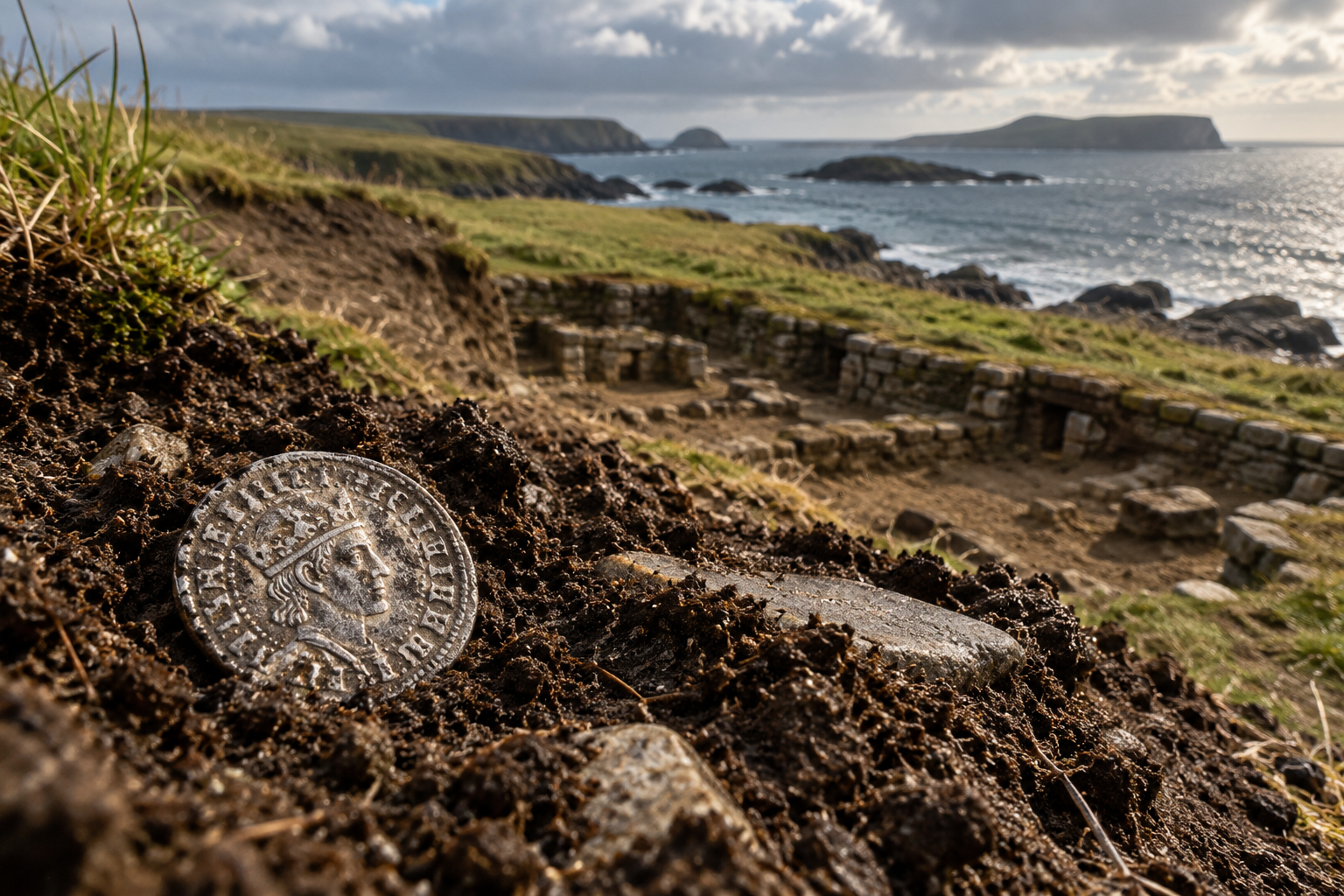 Artist’s interpretation of an Anglo Saxon silver coin discovered at an eroding coastal archaeological site in Shetland. No public image of the newly found Gletness coin has yet