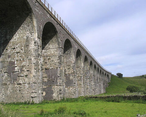 Caption: Shankend Viaduct south of Hawick, part of the former Waverley Route between Edinburgh and Carlisle. The line closed in 1969; the surviving viaduct stands on the corridor