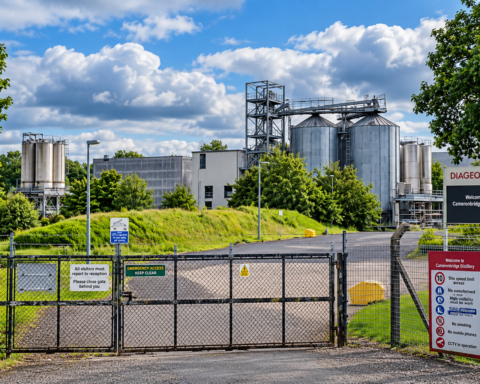Cameronbridge distillery entrance and silos