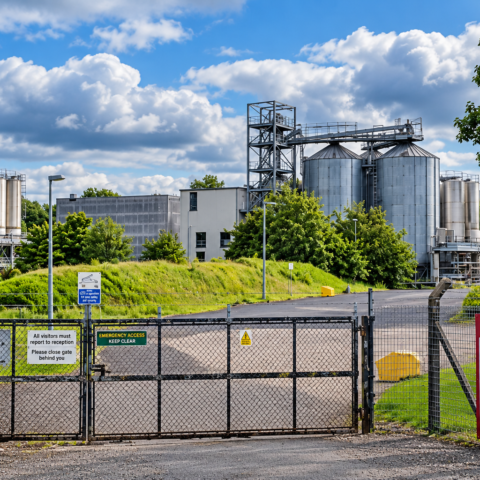 Cameronbridge distillery entrance and silos