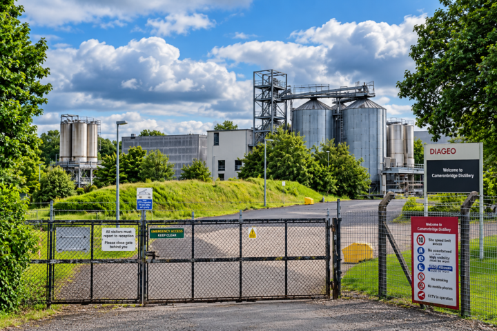 Cameronbridge distillery entrance and silos