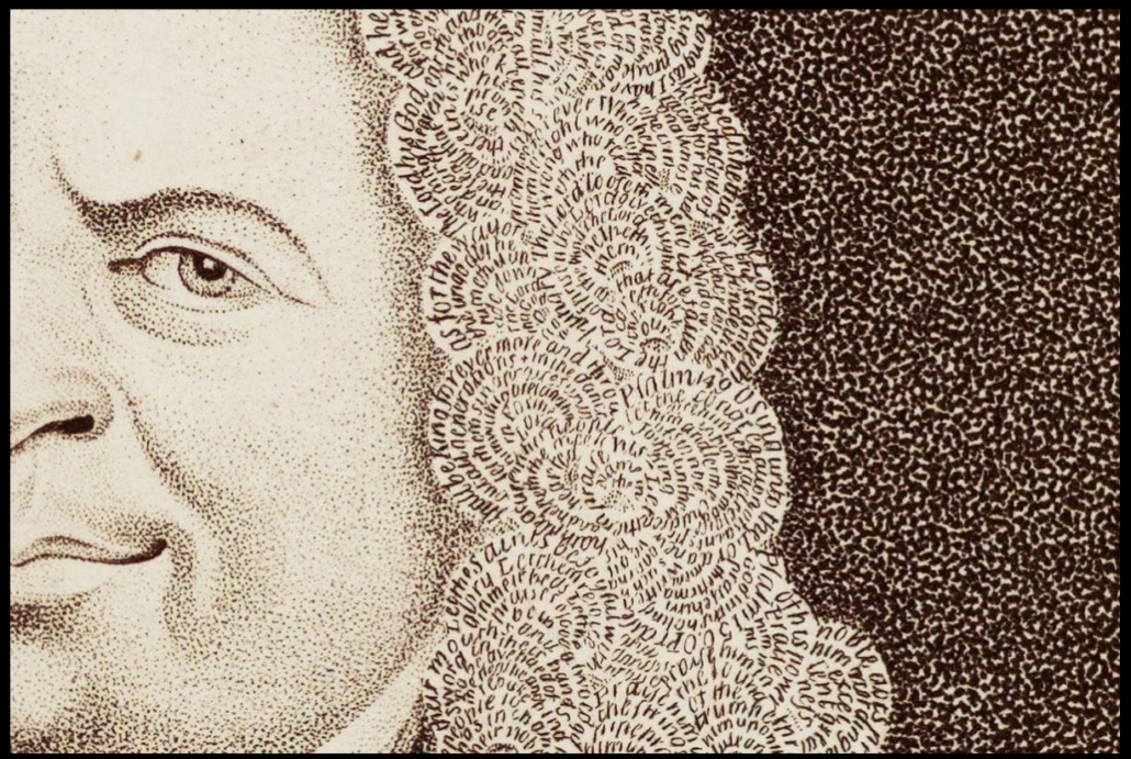 Detail from Matthias Buchinger’s celebrated micrographic self portrait. The curls of his hair are formed from minute handwritten passages of biblical text, including the Lord’s
