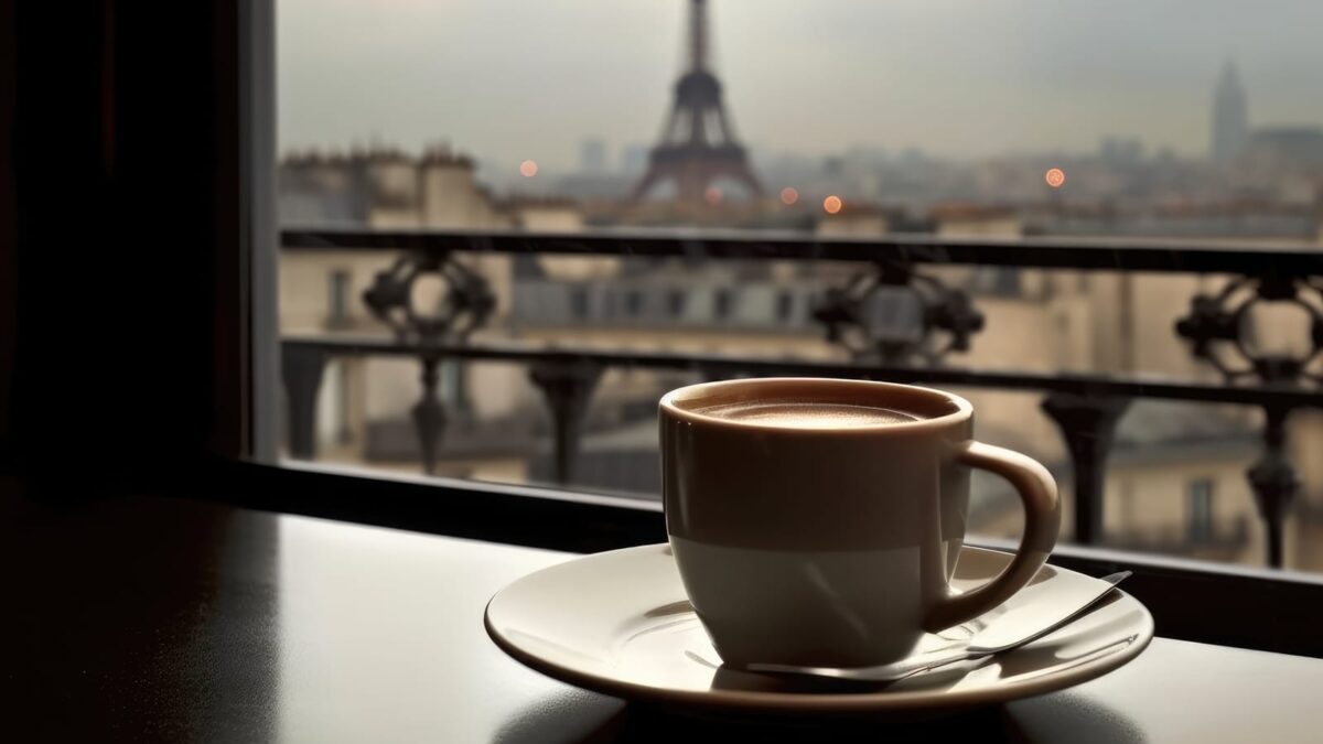 53689608 a black cup of coffee by the window in front of the eiffel tower in paris in the style of dreamy generative ai