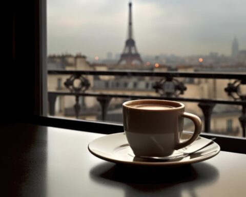 53689608 a black cup of coffee by the window in front of the eiffel tower in paris in the style of dreamy generative ai