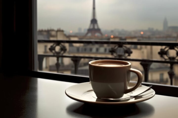 53689608 a black cup of coffee by the window in front of the eiffel tower in paris in the style of dreamy generative ai